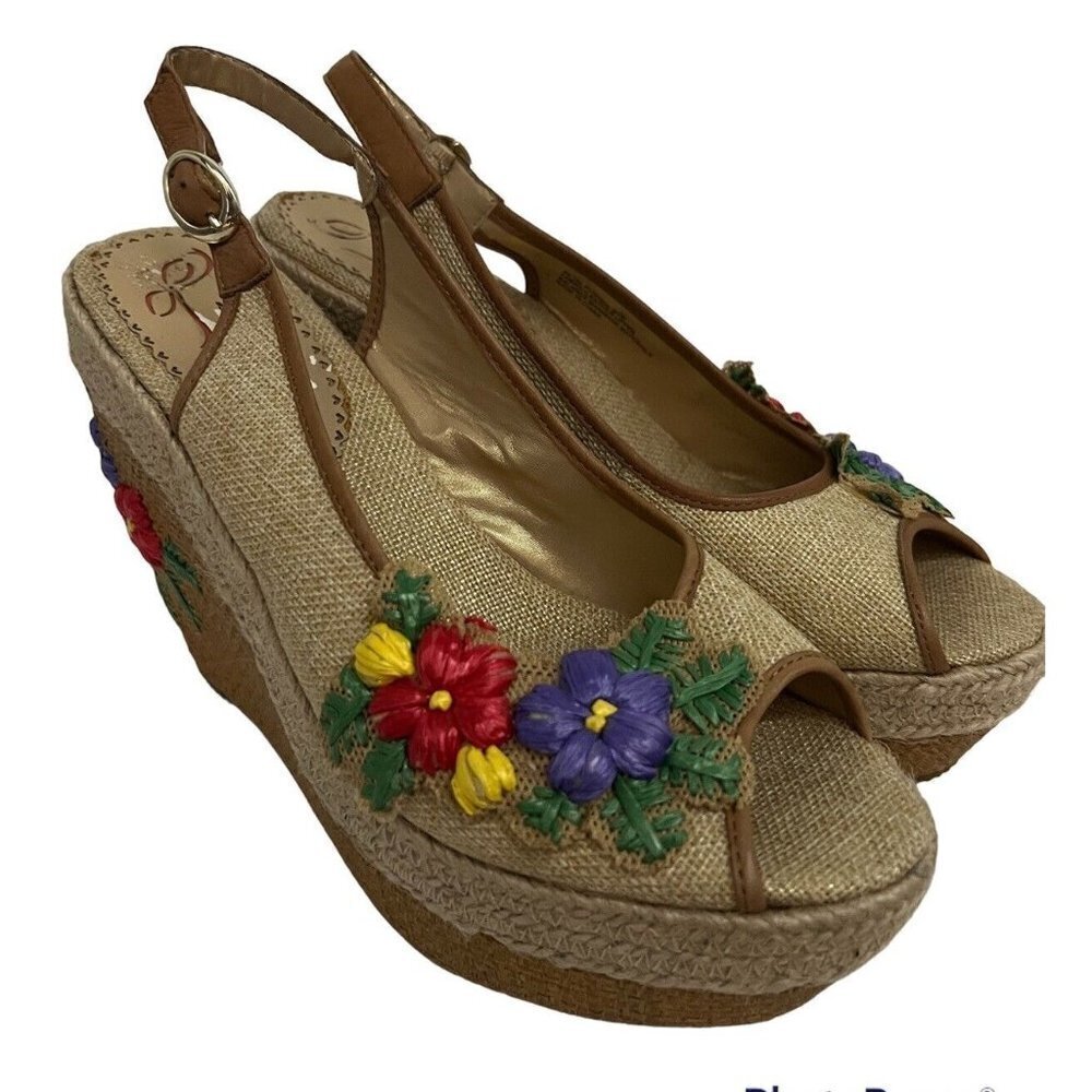 Poetic License Petal Pusher Floral Peep Toe Slingback Platform Wedge Shoes 9.5M
